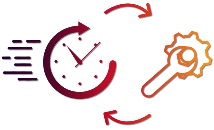 Infographic depicting a stopwatch on the left hand side and a configuration cog with spanner on the right hand side indicating process optimisation