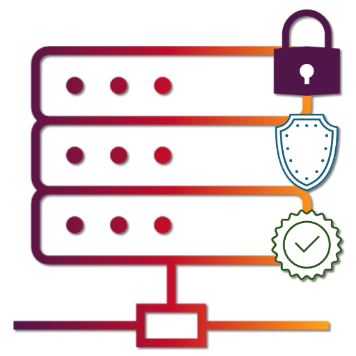 Infographic depicting a universal server icon with a padlock, shield and compliance badge on the right hand side